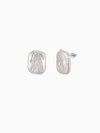 Geometric 925 sterling silver stud earrings with freshwater pearl accents, modern minimalist design.