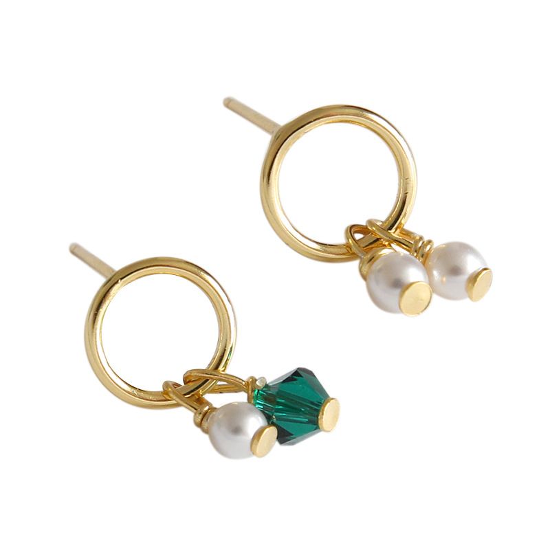 Asymmetry shell pearl & green AAA Amazing Crystals stud earrings in 925 sterling silver.