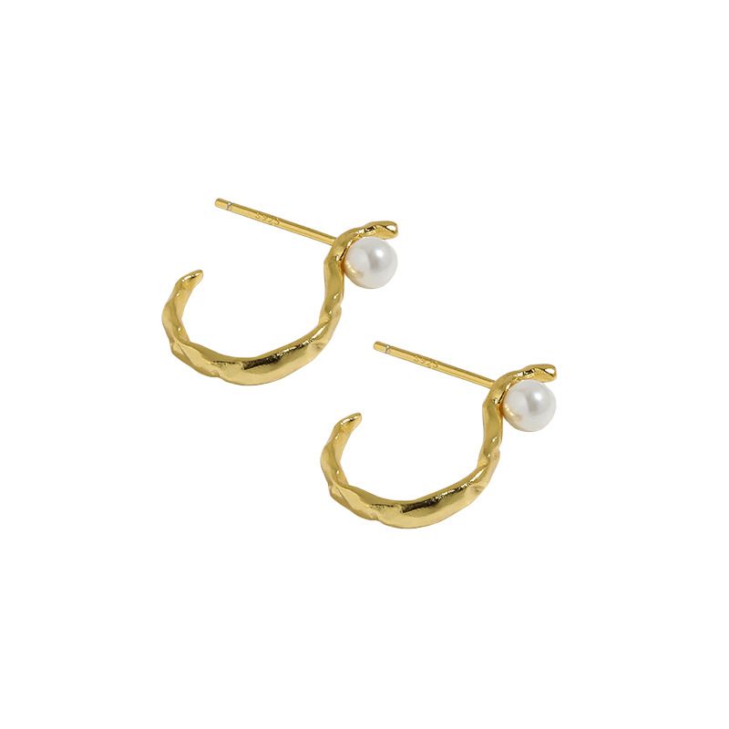 Round shell pearl hoop earrings in solid 925 sterling silver, hallmarked, hypoallergenic finish.