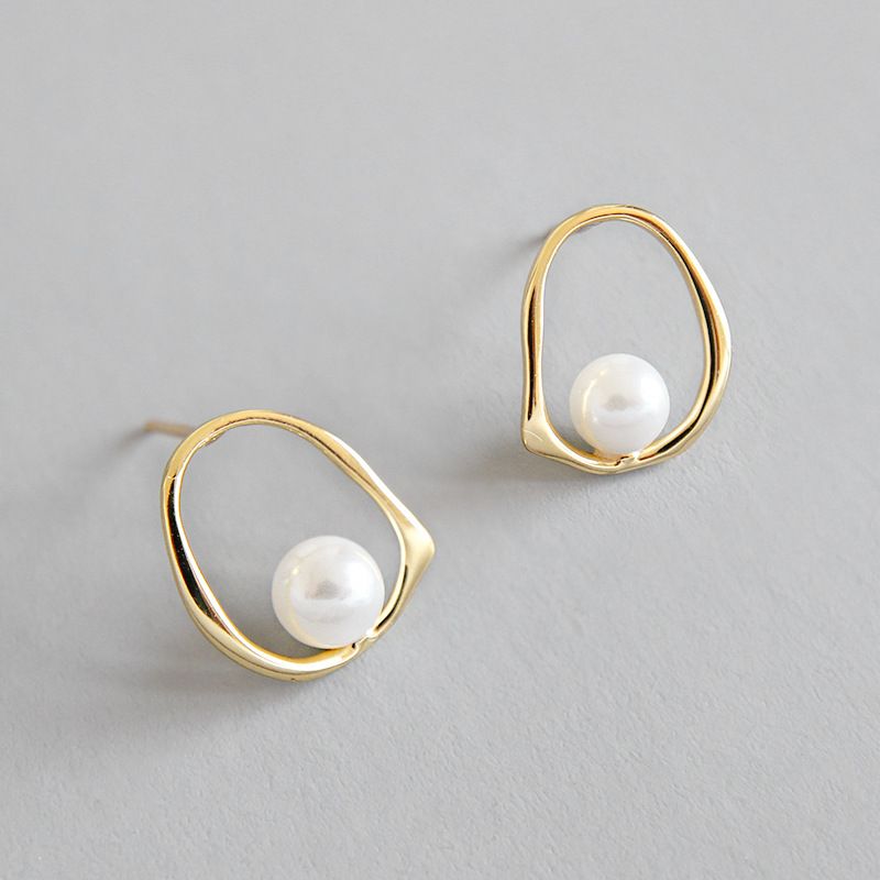 Geometric round shell pearl stud earrings in 925 sterling silver, elegant birthstone jewelry.