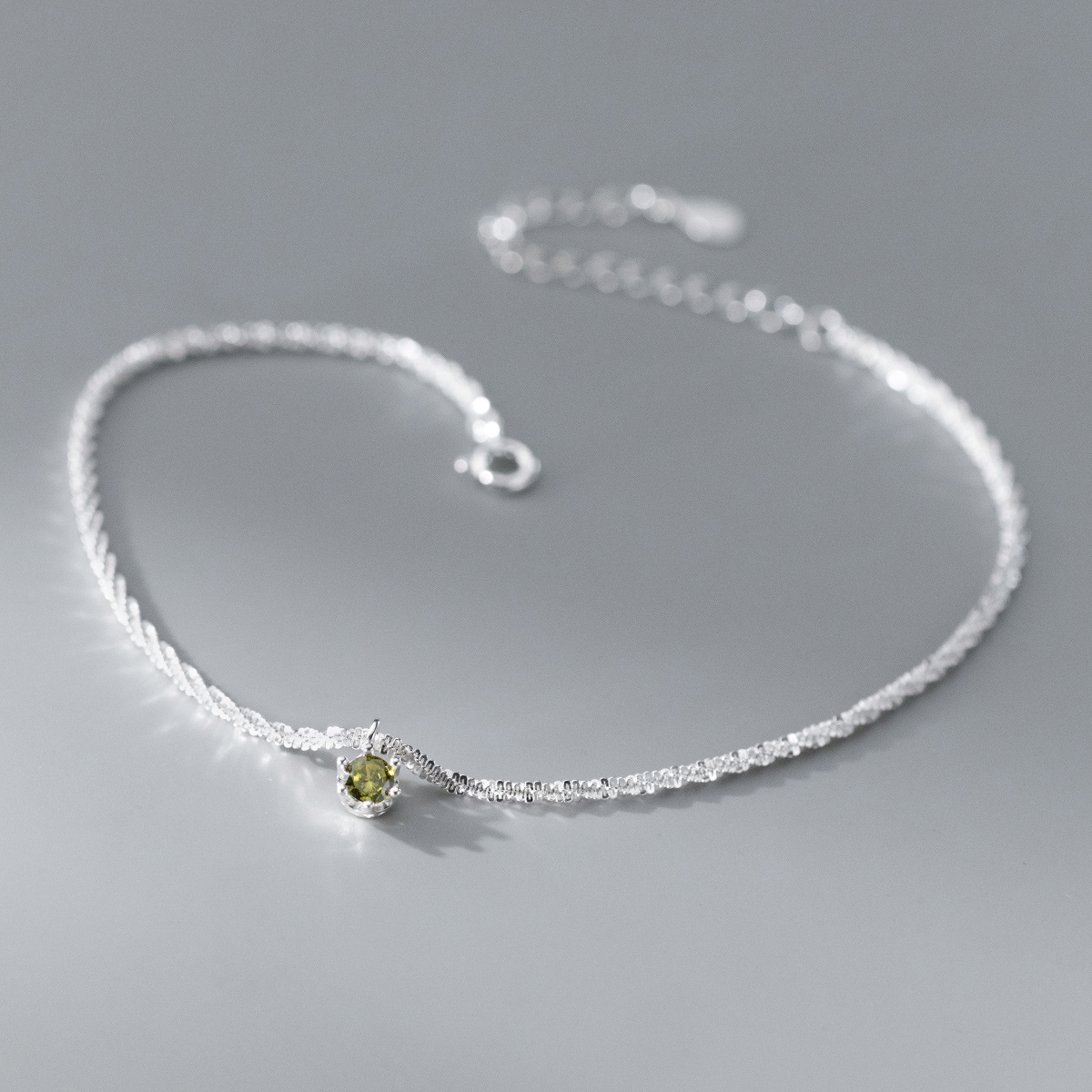 Light Green Round Amazing Crystals Dainty Charm Silver S925 Sterling Silver Anklet