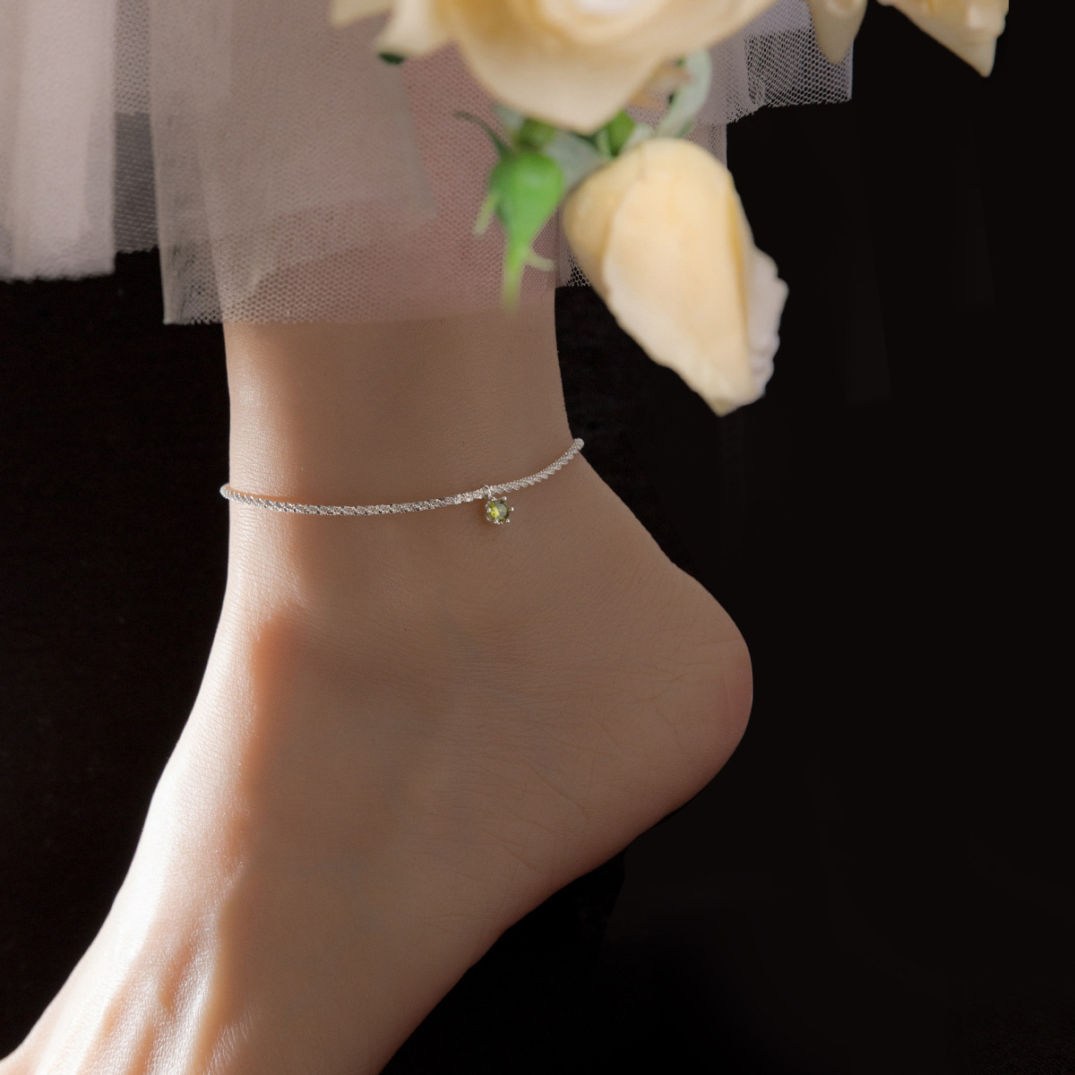 Light Green Round Amazing Crystals Dainty Charm Silver S925 Sterling Silver Anklet view 3