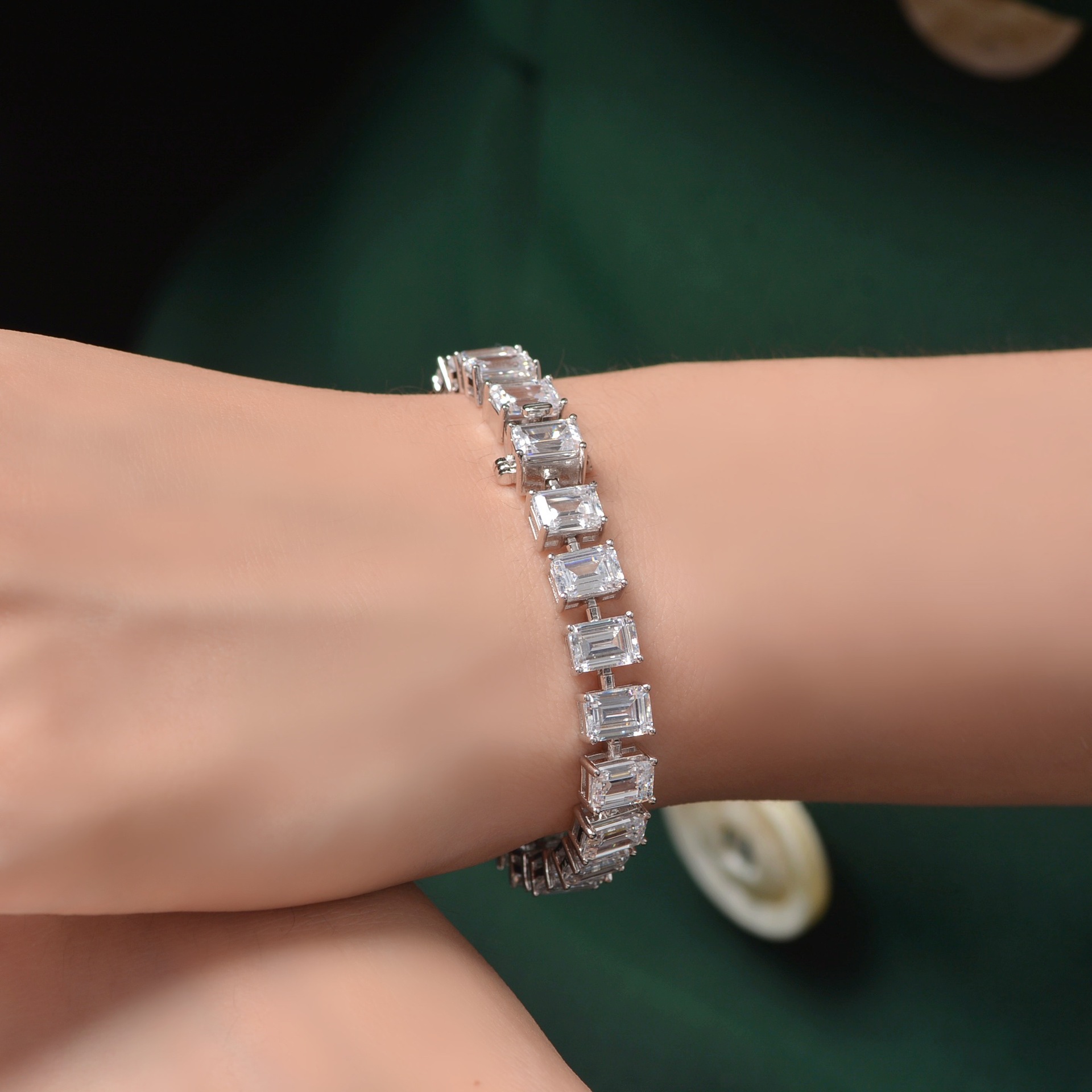 Clear Emerald Cut High Carbon Diamond S925 Silver Tennis Bracelet Rectangular 5mm x 7mm Stone Line Bracelet Elegant Fashion Classic Bracelet With Box Clasp Wedding Party Anniversary Gift view 4