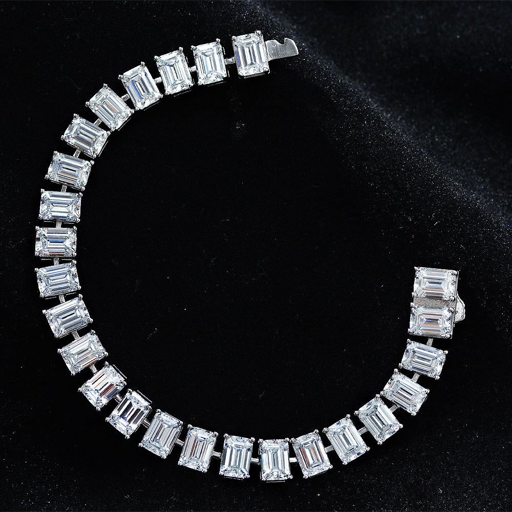 Clear Emerald Cut High Carbon Diamond S925 Silver Tennis Bracelet Rectangular 5mm x 7mm Stone Line Bracelet Elegant Fashion Classic Bracelet With Box Clasp Wedding Party Anniversary Gift view 5