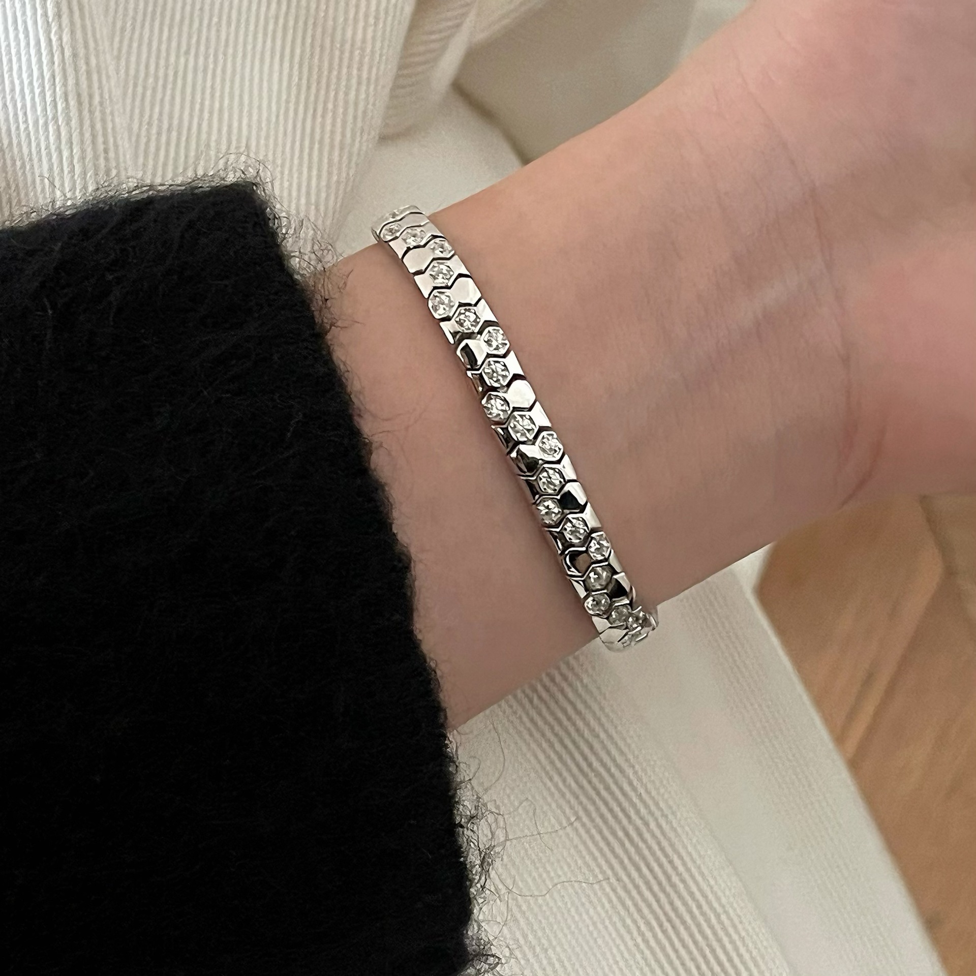 925 Sterling Silver Zirconia Hexagonal Wide Snake Bone Geometric Link Bracelet view 3