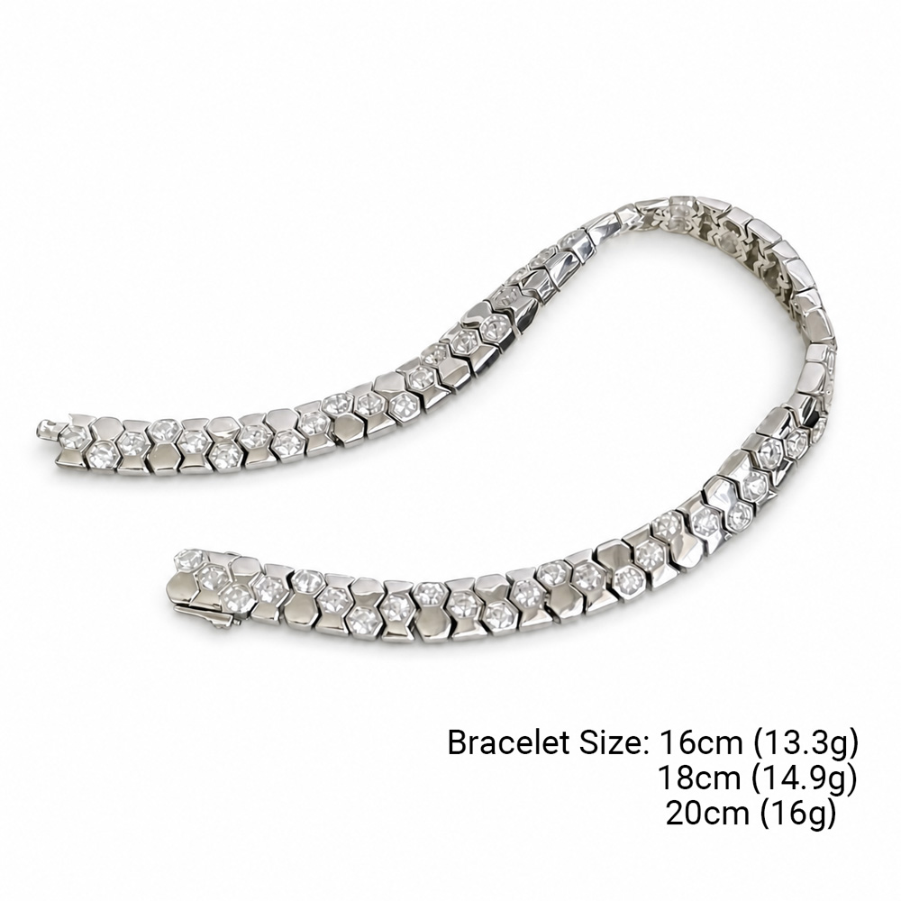 925 Sterling Silver Zirconia Hexagonal Wide Snake Bone Geometric Link Bracelet view 4
