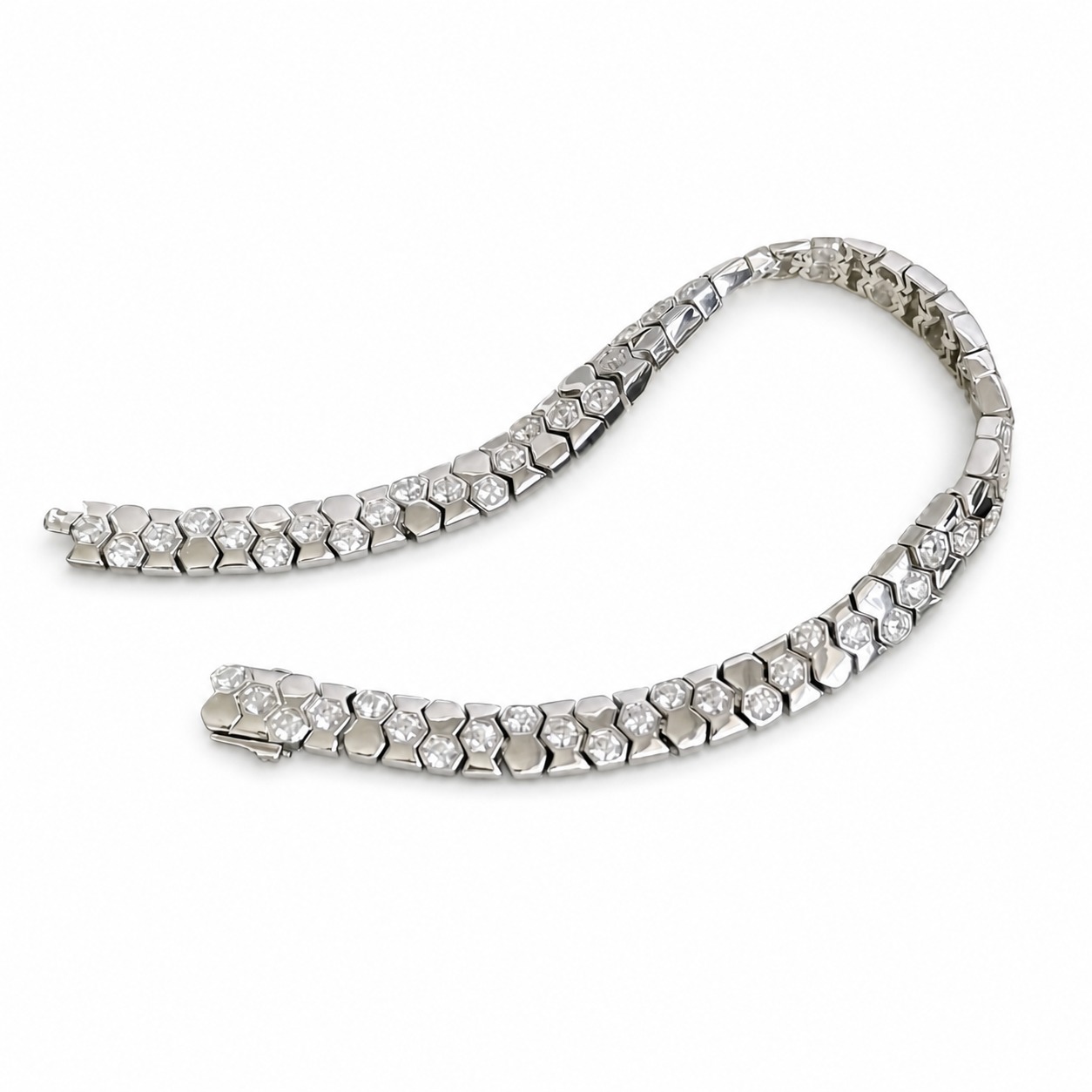 925 Sterling Silver Zirconia Hexagonal Wide Snake Bone Geometric Link Bracelet view 5