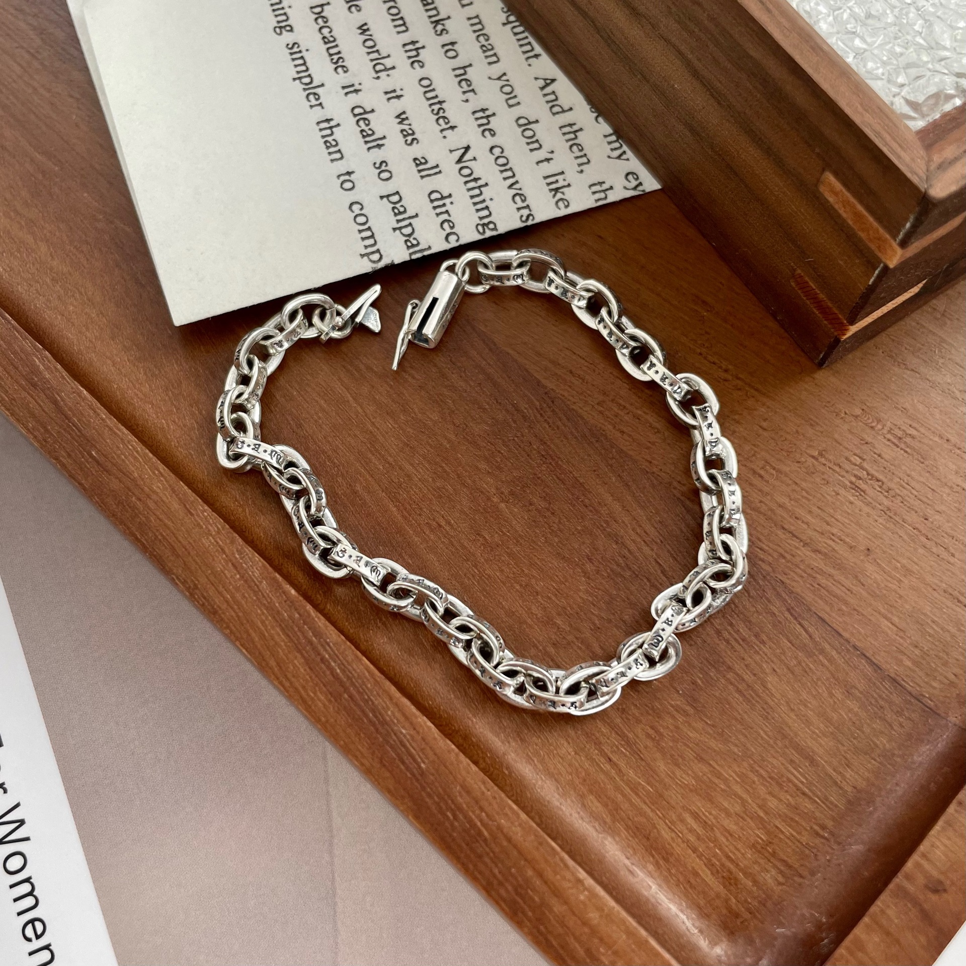 Retro Tibetan Style Engraved Geometric Link 925 Sterling Silver Fashionable Street Style Bracelet view 2