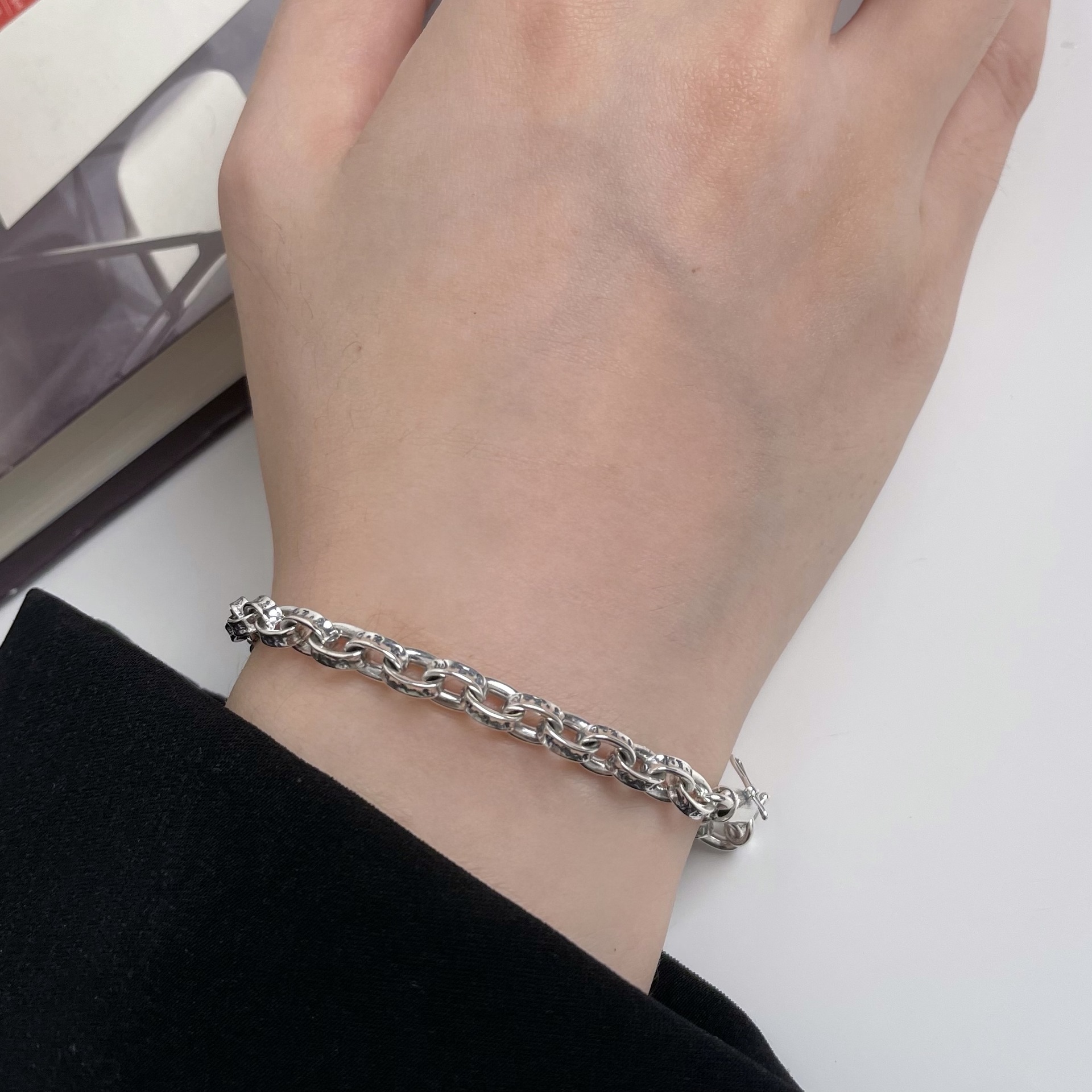 Retro Tibetan Style Engraved Geometric Link 925 Sterling Silver Fashionable Street Style Bracelet view 3
