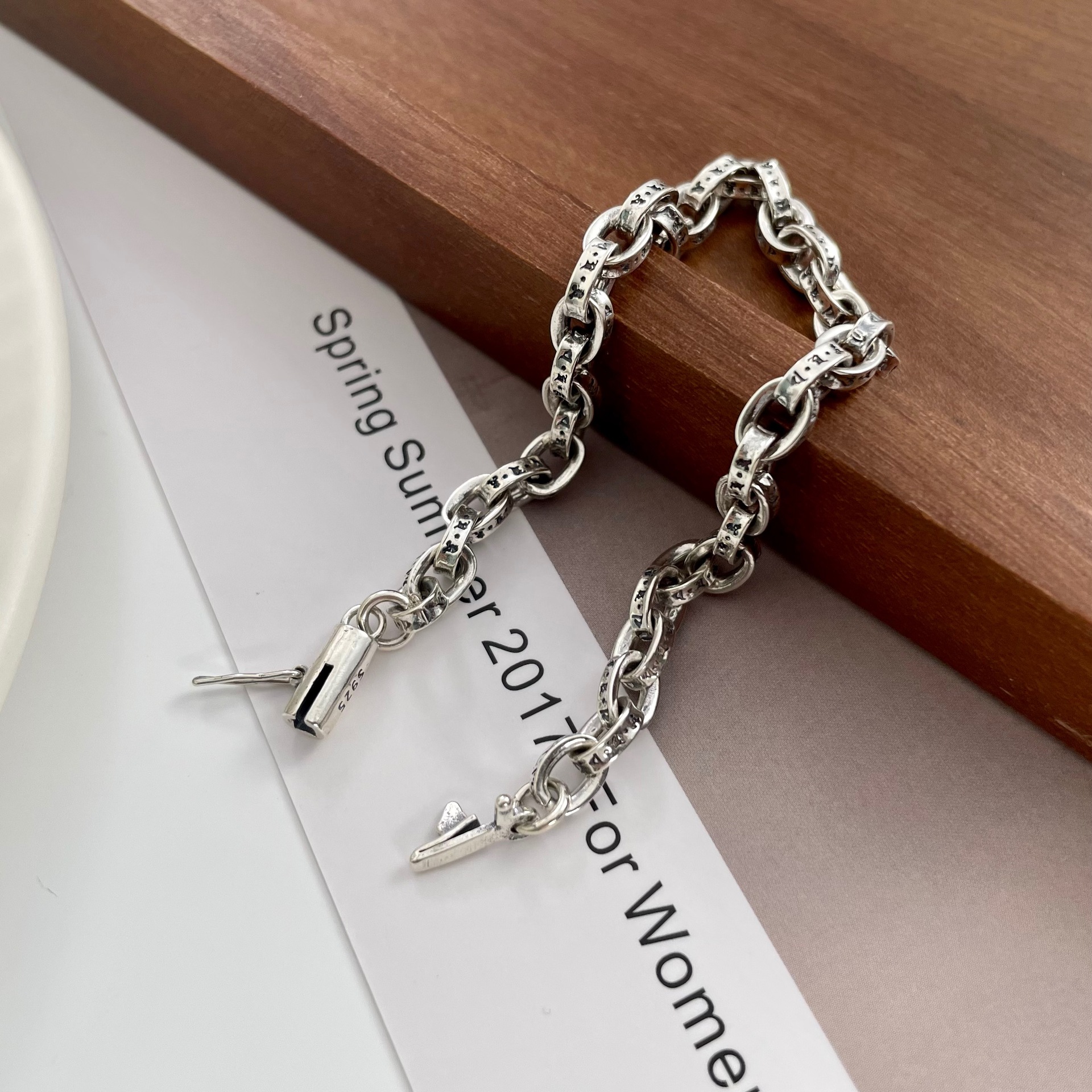 Retro Tibetan Style Engraved Geometric Link 925 Sterling Silver Fashionable Street Style Bracelet view 5