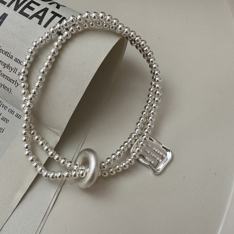 Minimalist Geometric Elastic S925 Sterling Silver Double Strand Beaded Bracelet view 3