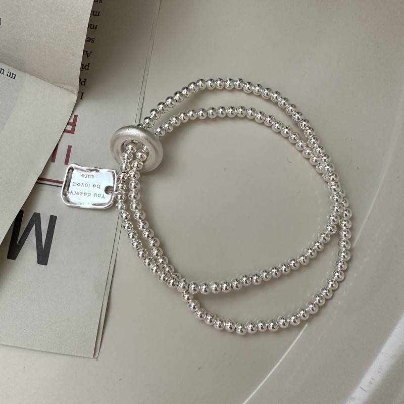 Minimalist Geometric Elastic S925 Sterling Silver Double Strand Beaded Bracelet view 5