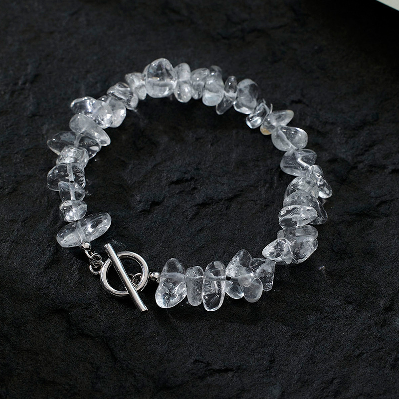 Natural Stone Irregular Clear White Crystal Chip Bead OT Toggle Clasp 925 Sterling Silver Bracelet view 3