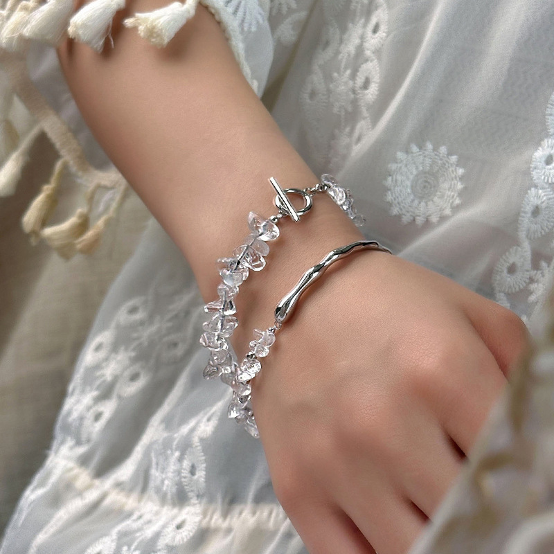 Natural Stone Irregular Clear White Crystal Chip Bead OT Toggle Clasp 925 Sterling Silver Bracelet view 4