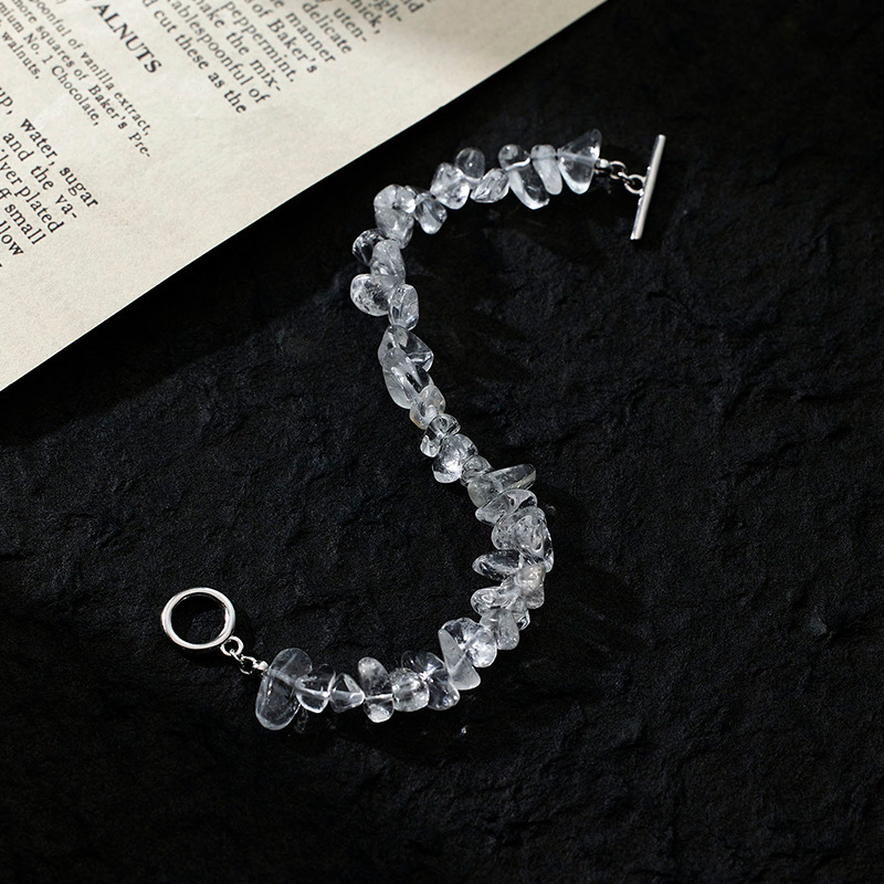 Natural Stone Irregular Clear White Crystal Chip Bead OT Toggle Clasp 925 Sterling Silver Bracelet view 5