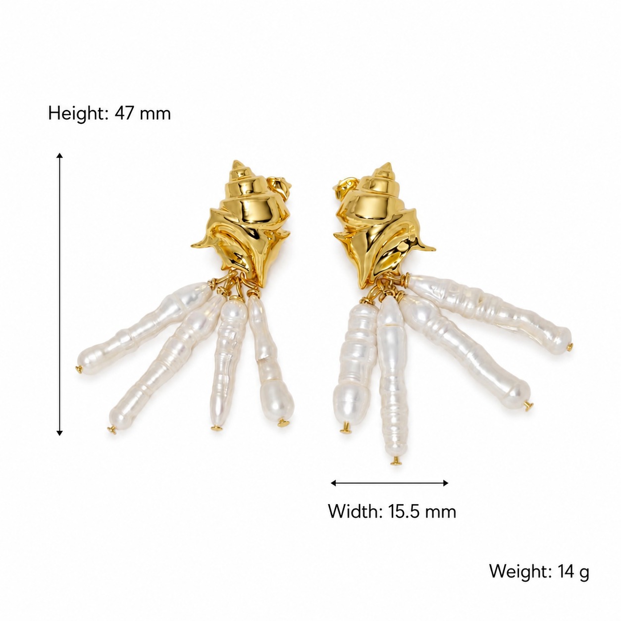18K Gold Ocean Statement Jewelry Baroque Pearl Tassel Drop 925 Sterling Silver Conch Shell Stud Earrings