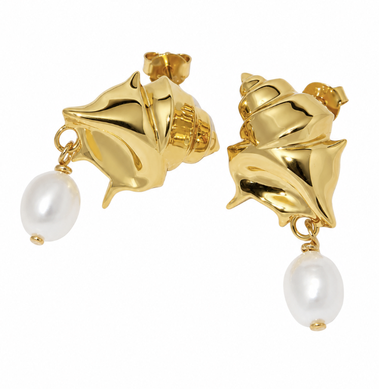 Ocean Style Pearl Drop Shaped Engraved Seashell Pattern 925 Silver Earrings view 3