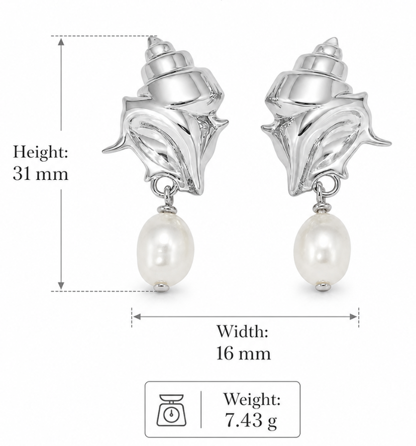 Ocean Style Pearl Drop Shaped Engraved Seashell Pattern 925 Silver Earrings view 4