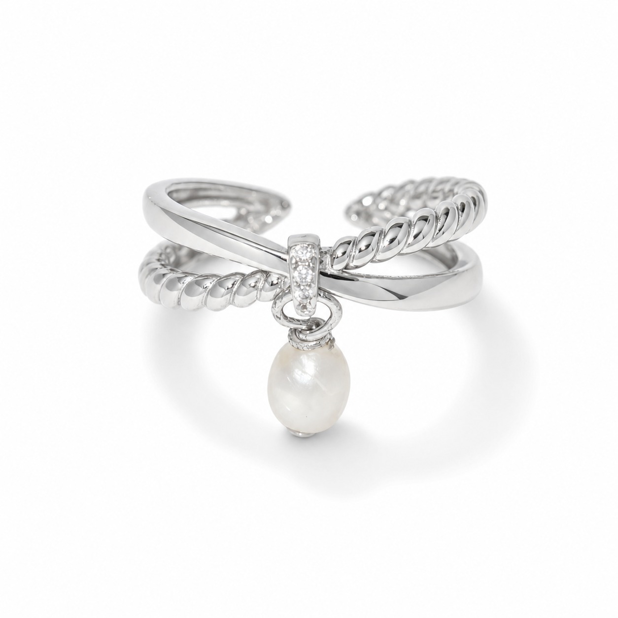 Cross Woven Amazing Crystals Dangle Pearl 925 Sterling Silver Ring