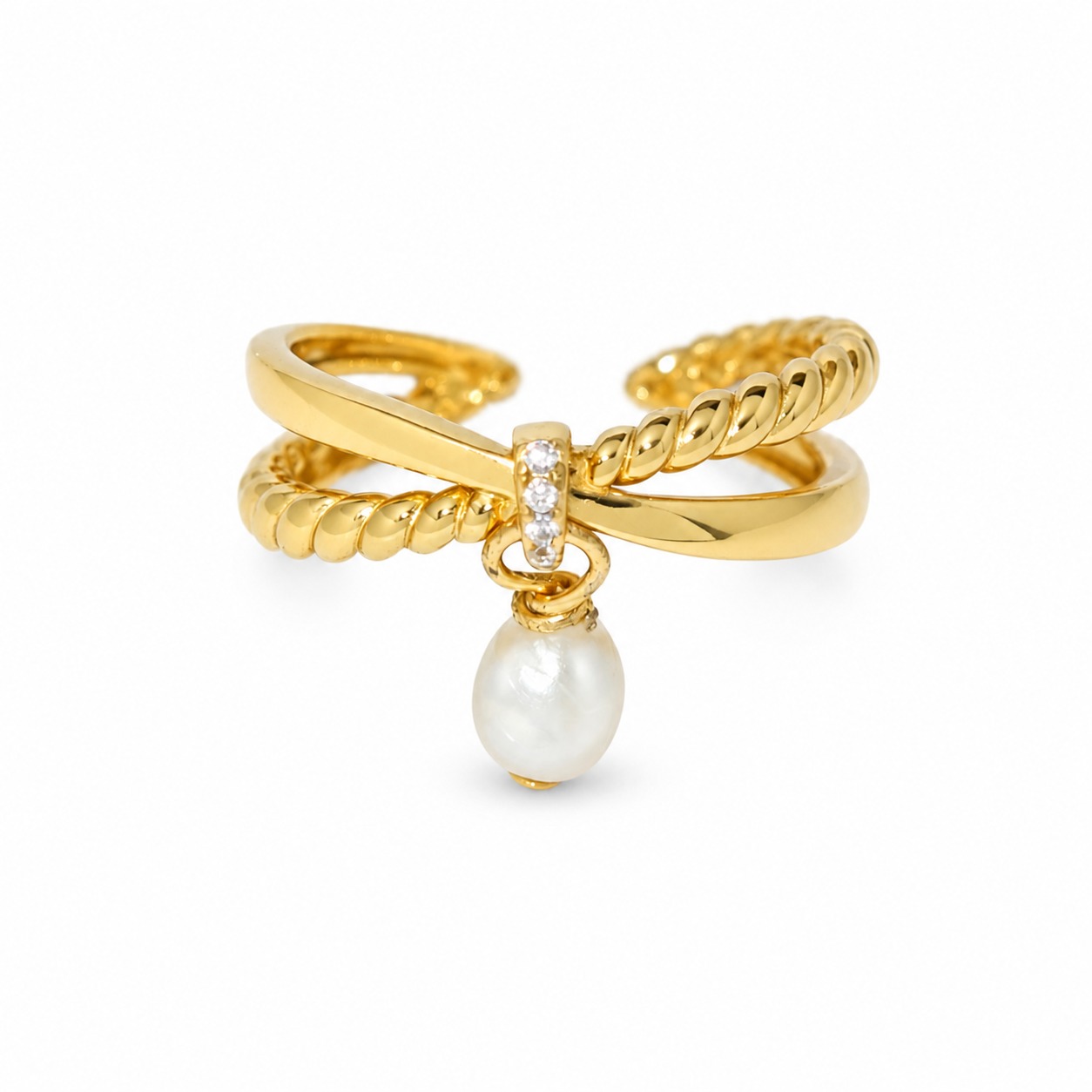 Cross Woven Amazing Crystals Dangle Pearl 925 Sterling Silver Ring view 3