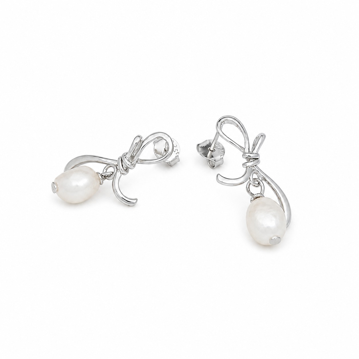 Sculptural Bow with Oval White Pearl Drops 925 Sterling Silver Earrings view 3