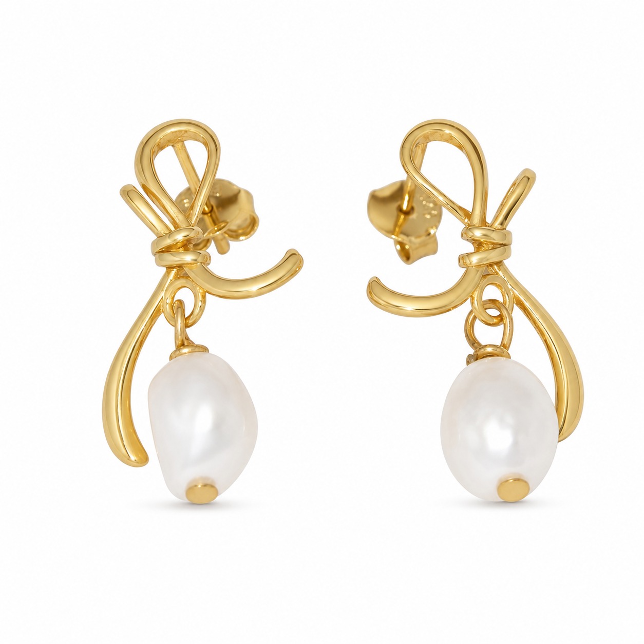 Sculptural Bow with Oval White Pearl Drops 925 Sterling Silver Earrings view 4