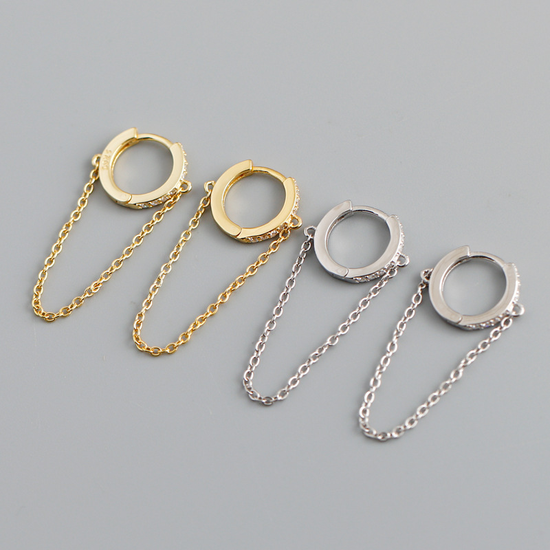 Geometric Circle Zirconia Chain Tassel Pendant 925 Sterling Silver Earrings view 2