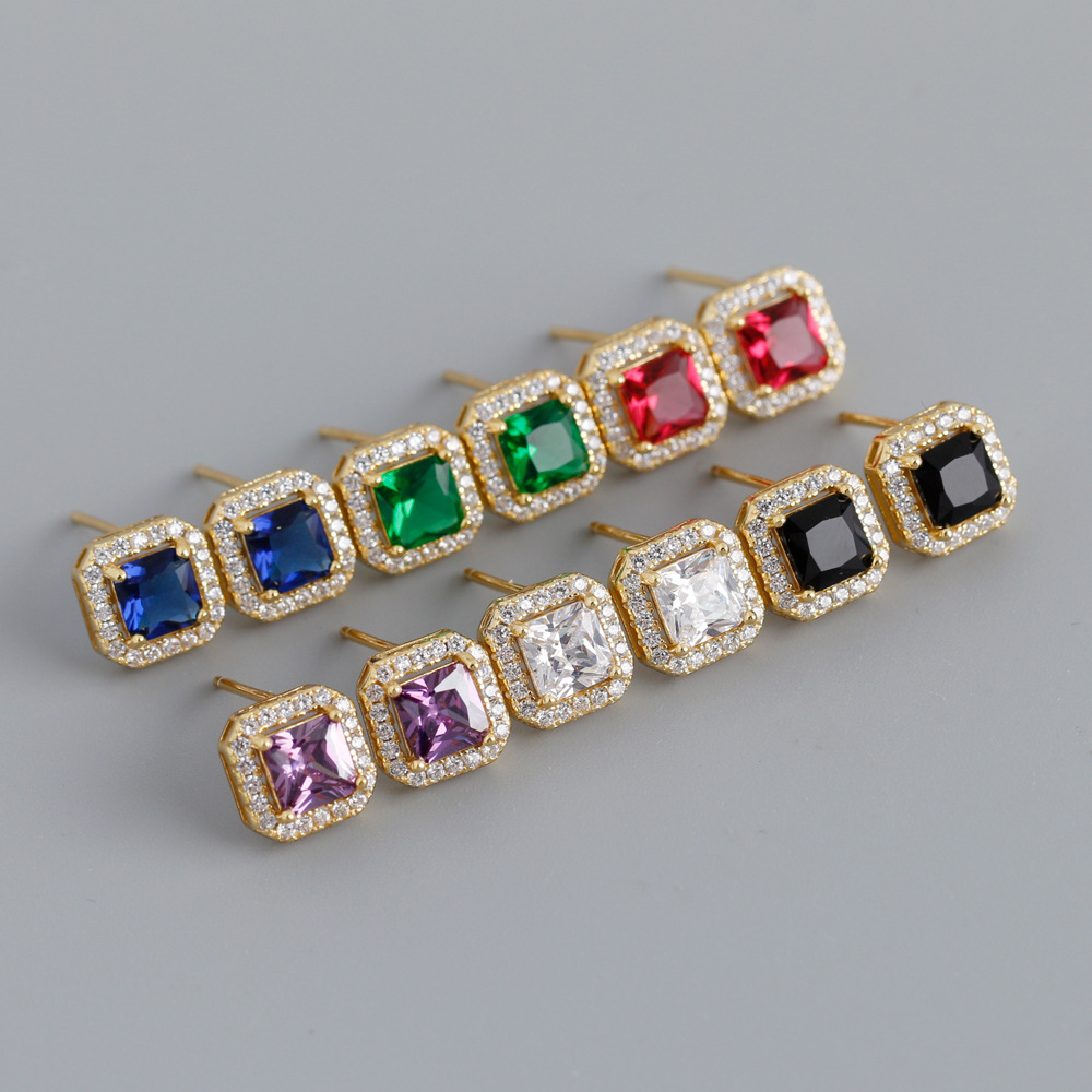 Geometric Square Zirconia 925 Sterling Silver Stud Earrings view 2