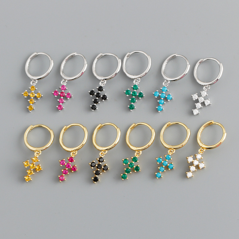 Cross shaped Geometric Amazing Crystals 925 Sterling Silver Earrings view 2