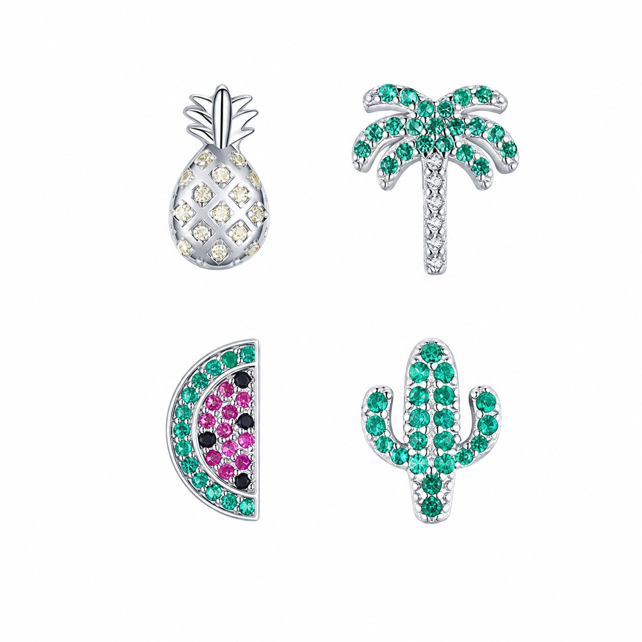 Amazing Crystals Tropical Pattern 925 Sterling Silver Style Pomegranate-Shaped Palm Tree Pineapple Leaf Pattern Earring ( Single )