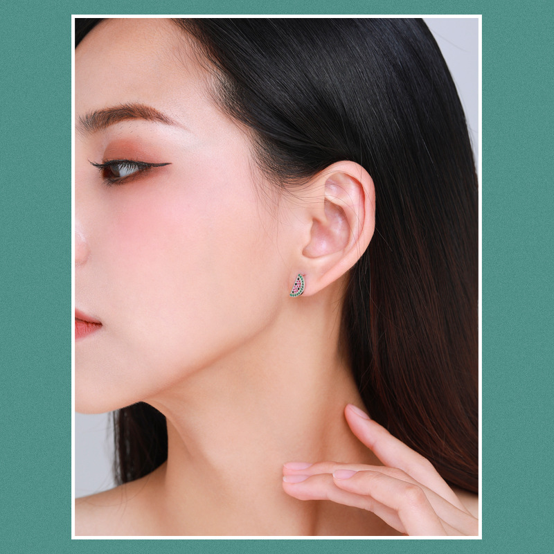 Amazing Crystals Tropical Pattern 925 Sterling Silver Style Pomegranate-Shaped Palm Tree Pineapple Leaf Pattern Earring ( Single ) view 3