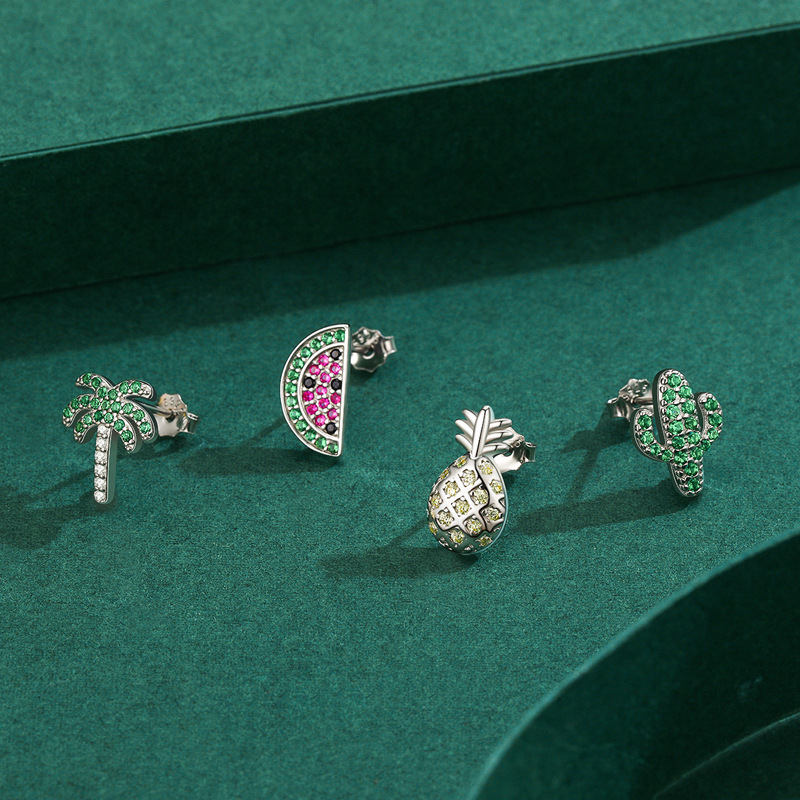Amazing Crystals Tropical Pattern 925 Sterling Silver Style Pomegranate-Shaped Palm Tree Pineapple Leaf Pattern Earring ( Single ) view 5