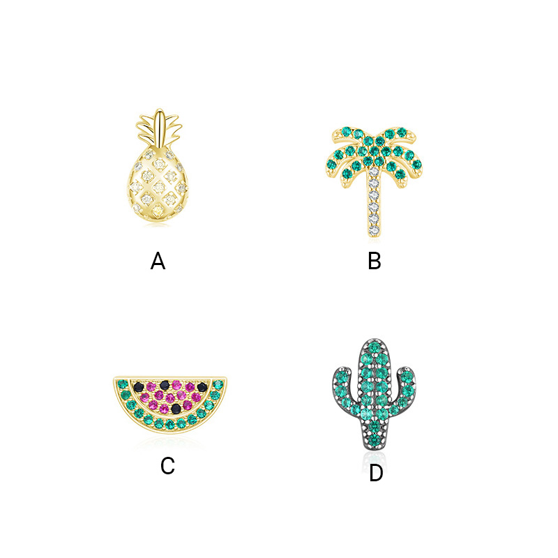 Amazing Crystals Tropical Pattern 925 Sterling Silver Style Pomegranate-Shaped Palm Tree Pineapple Leaf Pattern Earring ( Single ) view 6