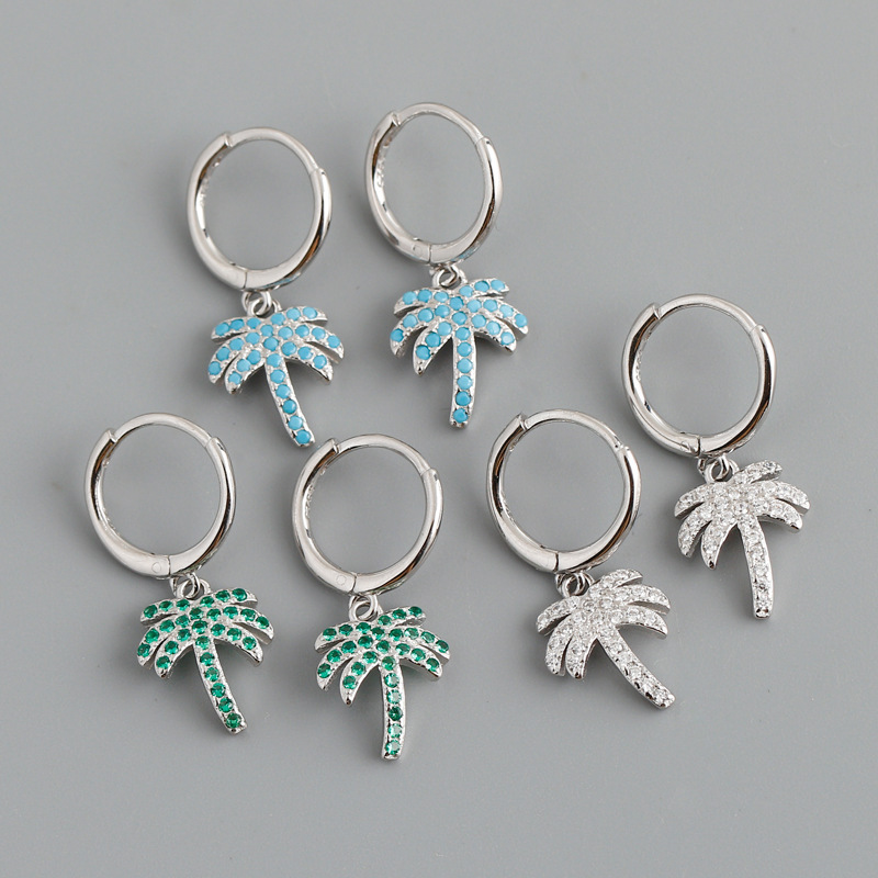 Summer Tropical Palm Tree-shaped Amazing Crystals S925 Silver Hoop Earrings view 4