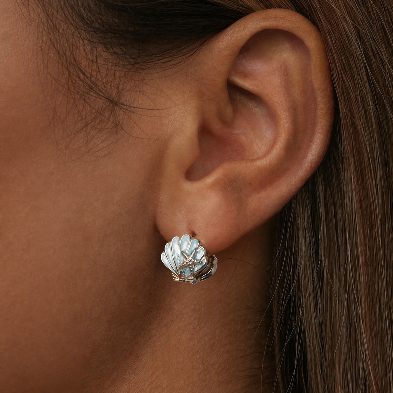 Ocean Style Powder Blue Epoxy Resin Colored Shell Star Cube Zirconium 925 Sterling Silver Clip on Earrings view 2