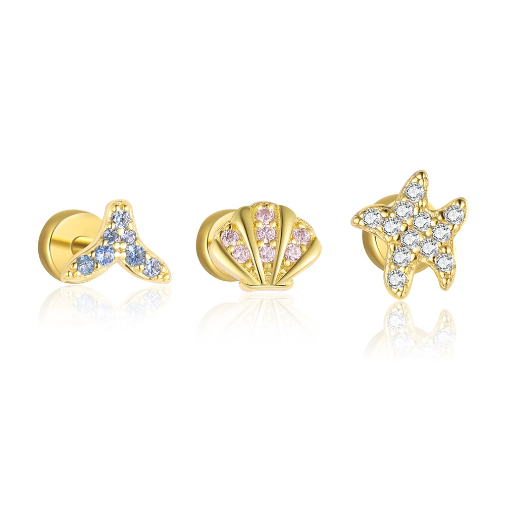 Ocean-themed Amazing Crystals. Mermaid tail shell starfish. 18K gold coating. S925 silver Earring
