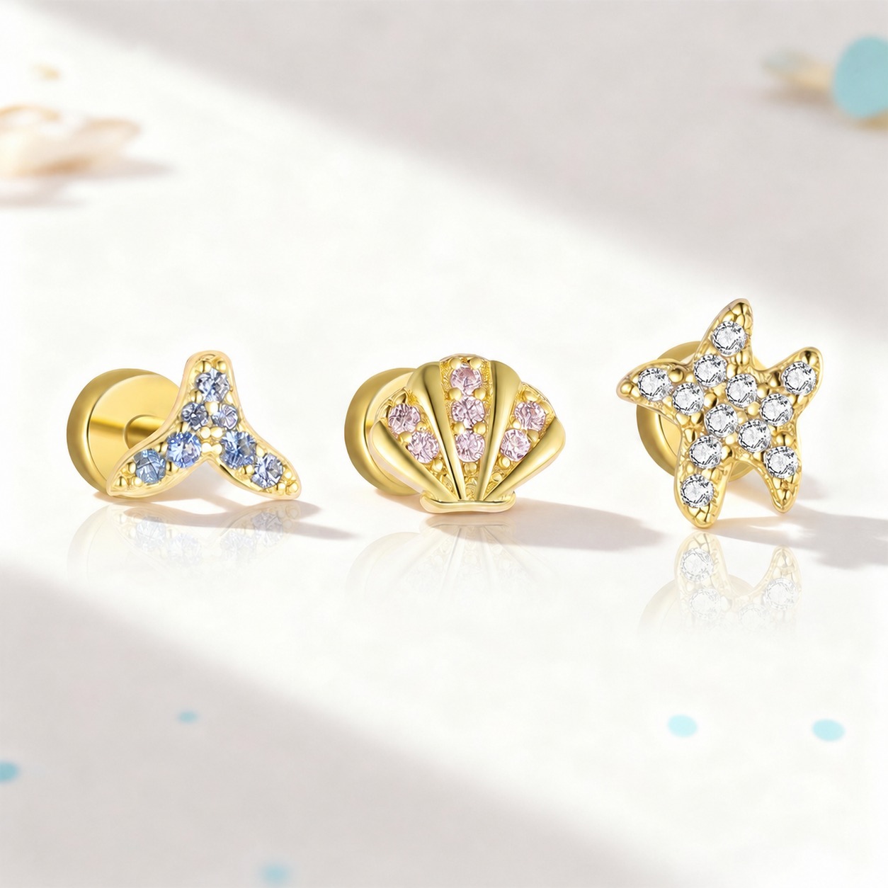 Ocean-themed Amazing Crystals. Mermaid tail shell starfish. 18K gold coating. S925 silver Earring view 2