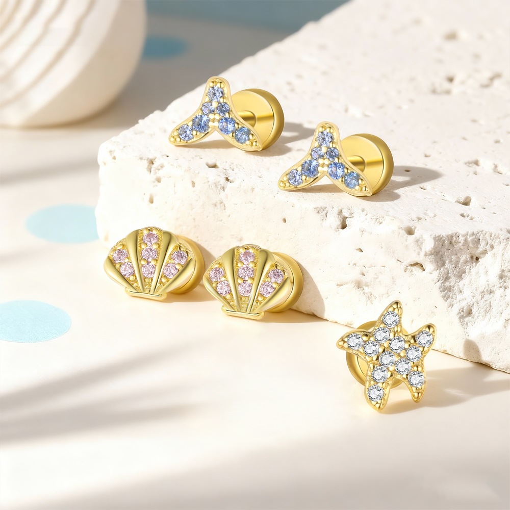 Ocean-themed Amazing Crystals. Mermaid tail shell starfish. 18K gold coating. S925 silver Earring view 3