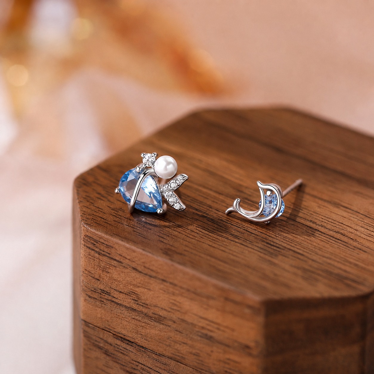 Asymmetrical Dolphin Mermaid Tail Blue Amazing Crystals S925 Sterling Silver Ear Stud Earrings view 2
