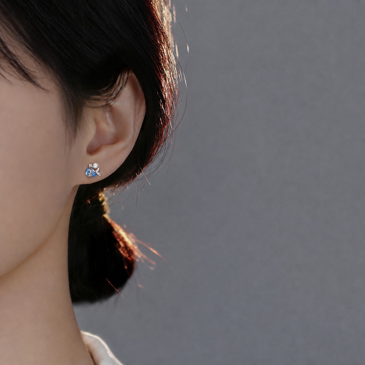 Asymmetrical Dolphin Mermaid Tail Blue Amazing Crystals S925 Sterling Silver Ear Stud Earrings view 3