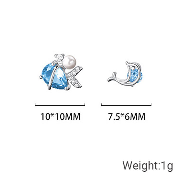 Asymmetrical Dolphin Mermaid Tail Blue Amazing Crystals S925 Sterling Silver Ear Stud Earrings view 5