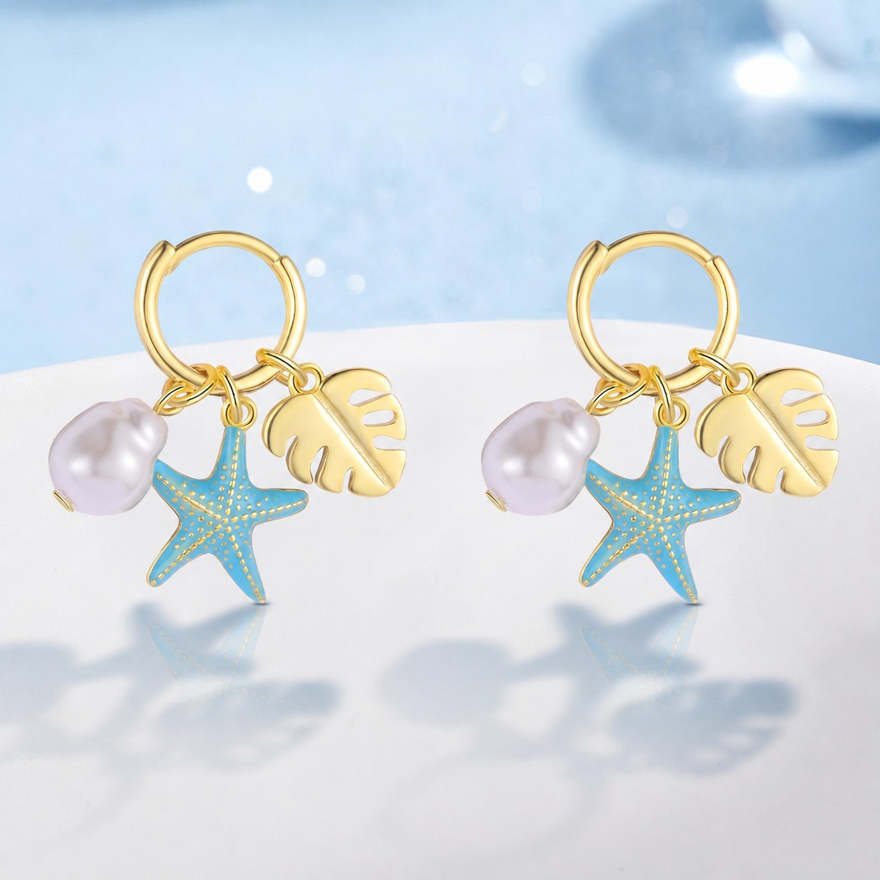 Summer Ocean Star Sea Pearl Circular Leaf-shaped Resin Pendant S925 Silver Earrings view 2