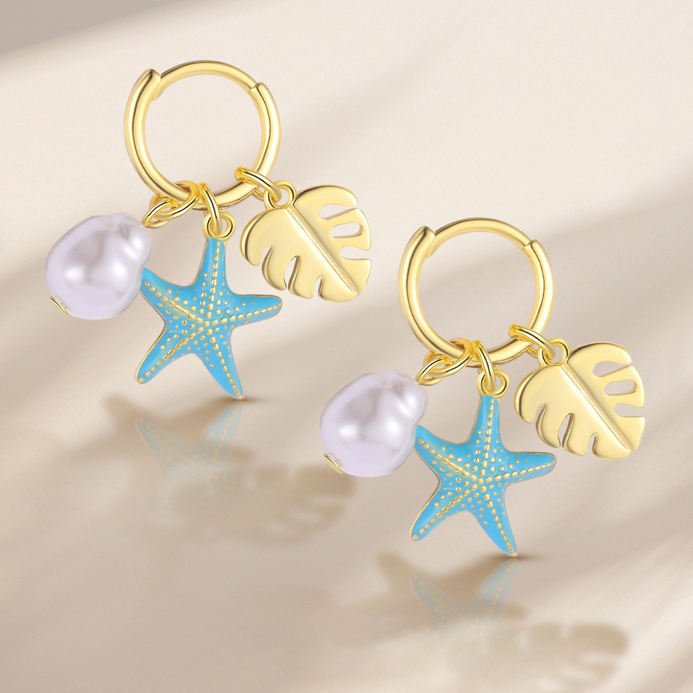 Summer Ocean Star Sea Pearl Circular Leaf-shaped Resin Pendant S925 Silver Earrings view 3