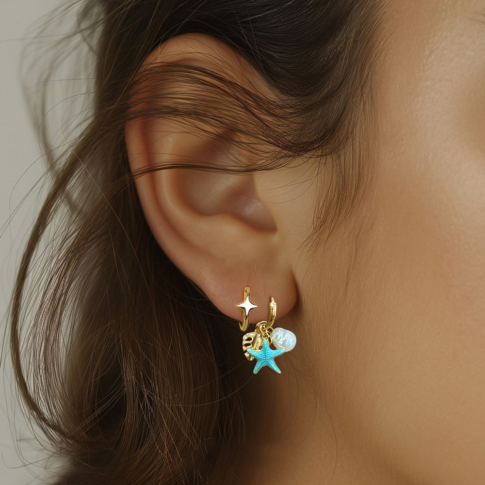 Summer Ocean Star Sea Pearl Circular Leaf-shaped Resin Pendant S925 Silver Earrings view 4