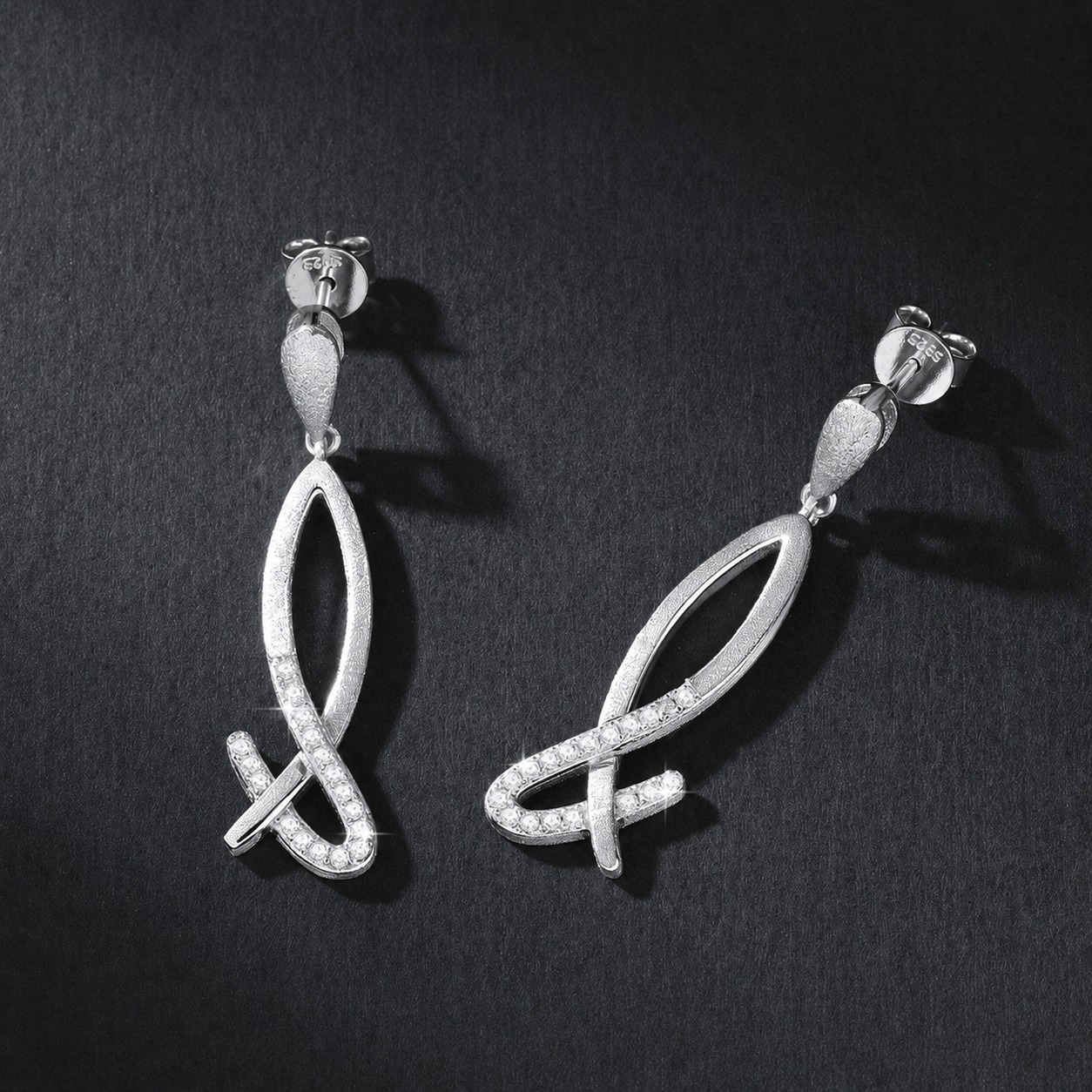 Geometric shape mermaid tail pendant 925 sterling silver drop-style dangle long Earrings view 2