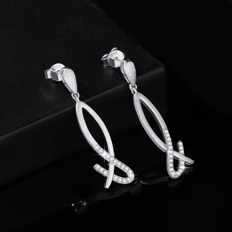 Geometric shape mermaid tail pendant 925 sterling silver drop-style dangle long Earrings view 3