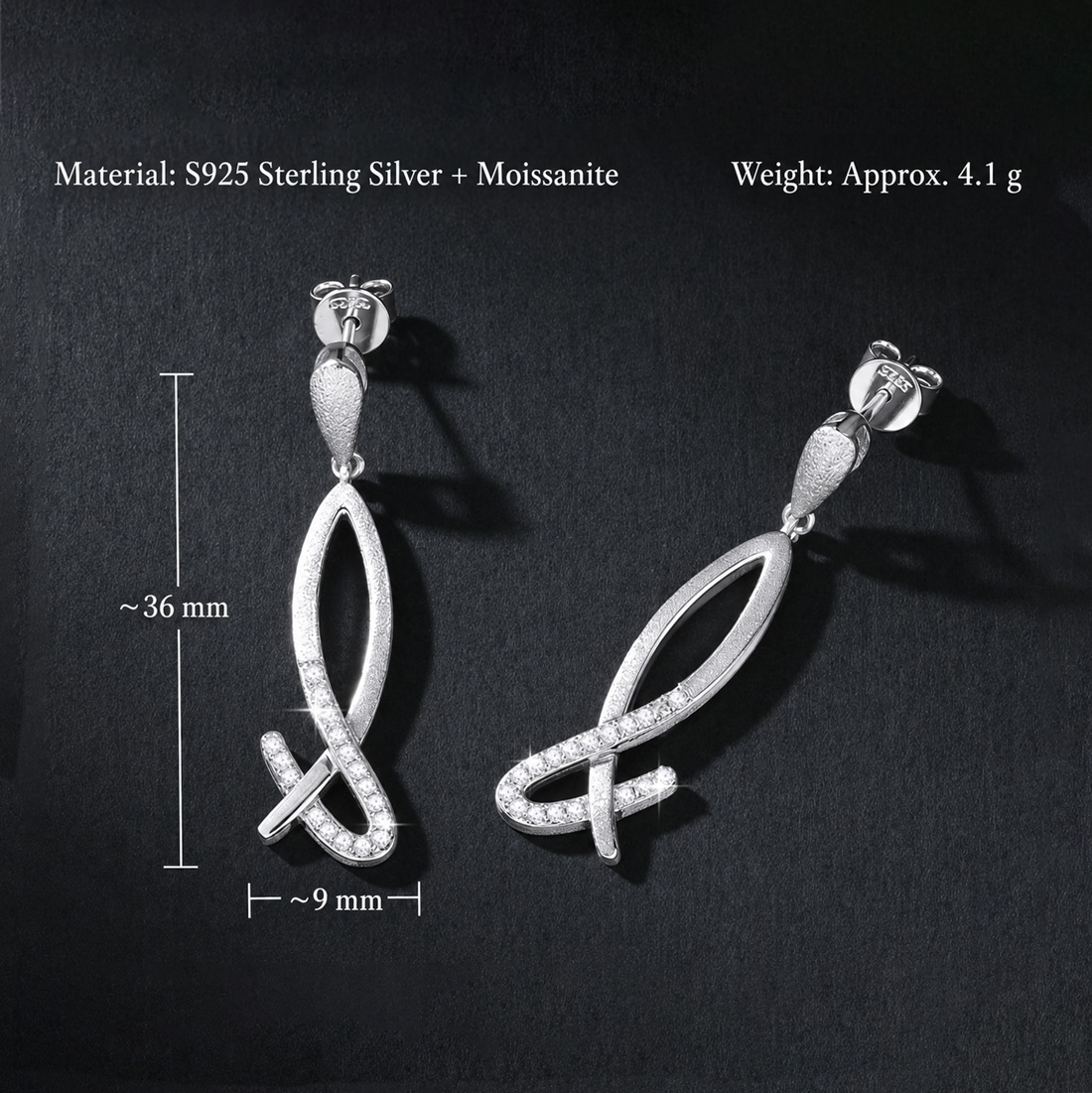 Geometric shape mermaid tail pendant 925 sterling silver drop-style dangle long Earrings view 6
