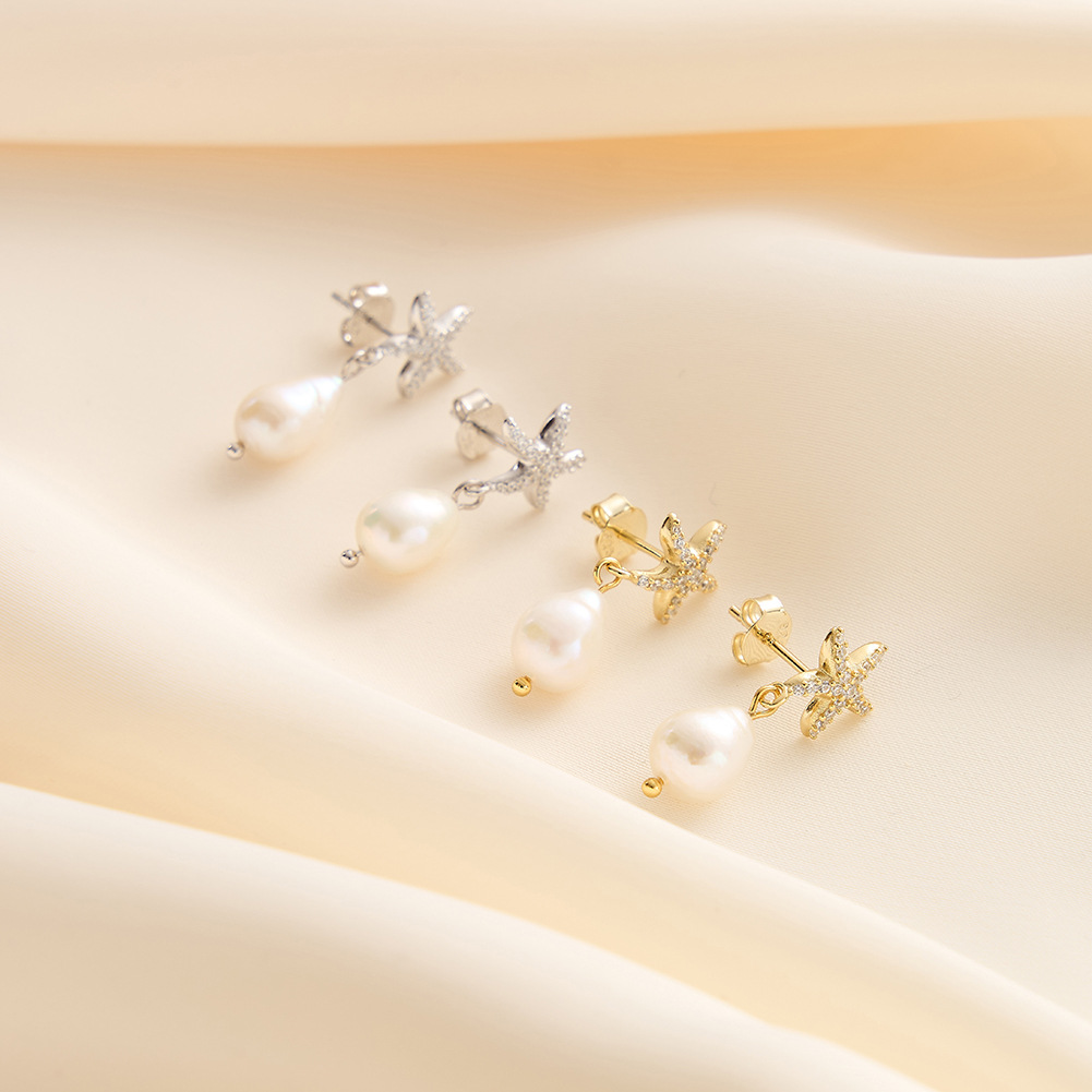 Starfish Pearl Amazing Crystals Drop Earrings 925 Sterling Silver Baroque Freshwater Pearl Stud Earrings view 3