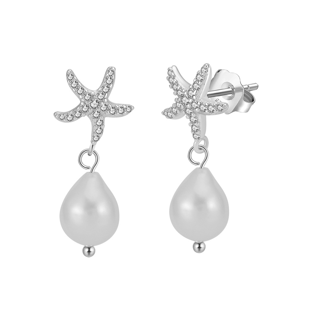 Starfish Pearl Amazing Crystals Drop Earrings 925 Sterling Silver Baroque Freshwater Pearl Stud Earrings view 4
