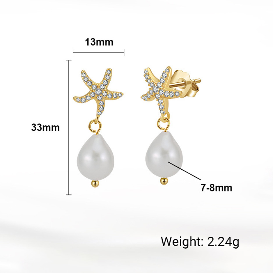 Starfish Pearl Amazing Crystals Drop Earrings 925 Sterling Silver Baroque Freshwater Pearl Stud Earrings view 5